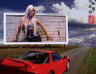Photoshop制作从广告栏爬出来看跑车的美女