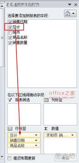 将“总计”字段拖到行标签区域第一个位置