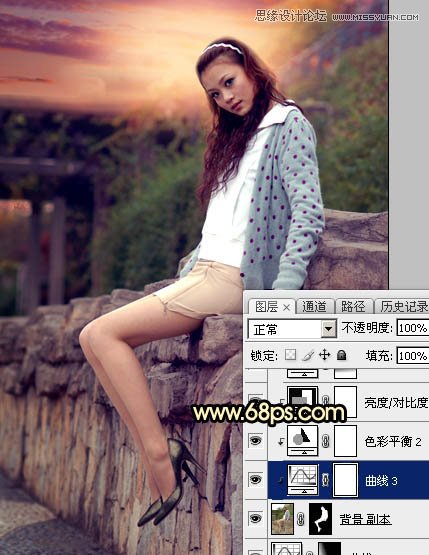 Photoshop给围墙边美女照片添加夕阳美景,PS教程,图老师教程网