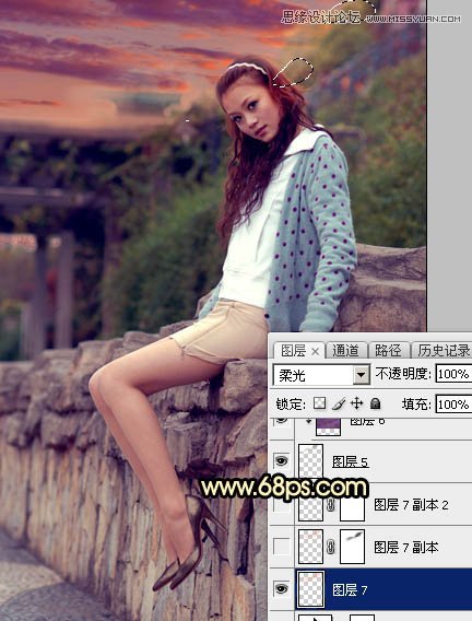 Photoshop给围墙边美女照片添加夕阳美景,PS教程,图老师教程网