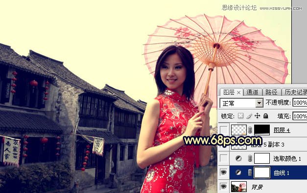 Photoshop给古镇美女添加夕阳古典效果,PS教程,图老师教程网