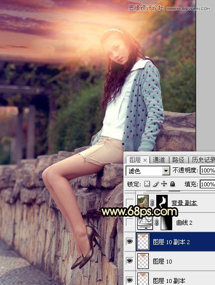 Photoshop给围墙边美女照片添加夕阳美景,PS教程,图老师教程网