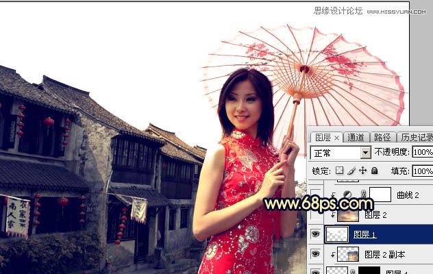 Photoshop给古镇美女添加夕阳古典效果,PS教程,图老师教程网