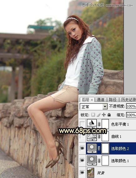 Photoshop给围墙边美女照片添加夕阳美景,PS教程,图老师教程网