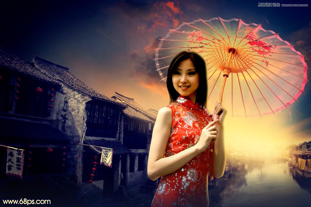 Photoshop给古镇美女添加夕阳古典效果,PS教程,图老师教程网