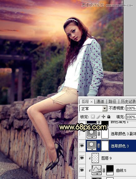 Photoshop给围墙边美女照片添加夕阳美景,PS教程,图老师教程网