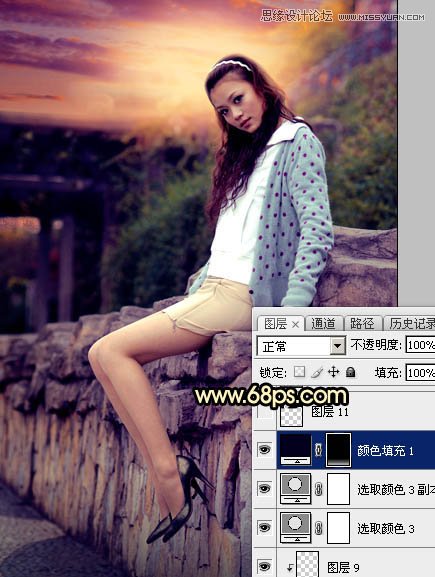 Photoshop给围墙边美女照片添加夕阳美景,PS教程,图老师教程网