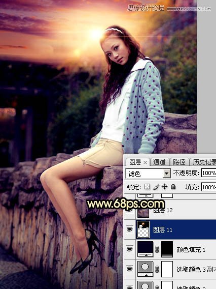 Photoshop给围墙边美女照片添加夕阳美景,PS教程,图老师教程网