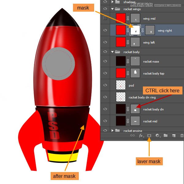 Photoshop绘制立体质感的卡通小火箭,PS教程,图老师教程网