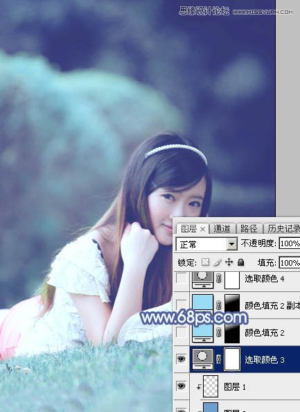 Photoshop调出草地美女梦幻蓝色效果,PS教程,图老师教程网