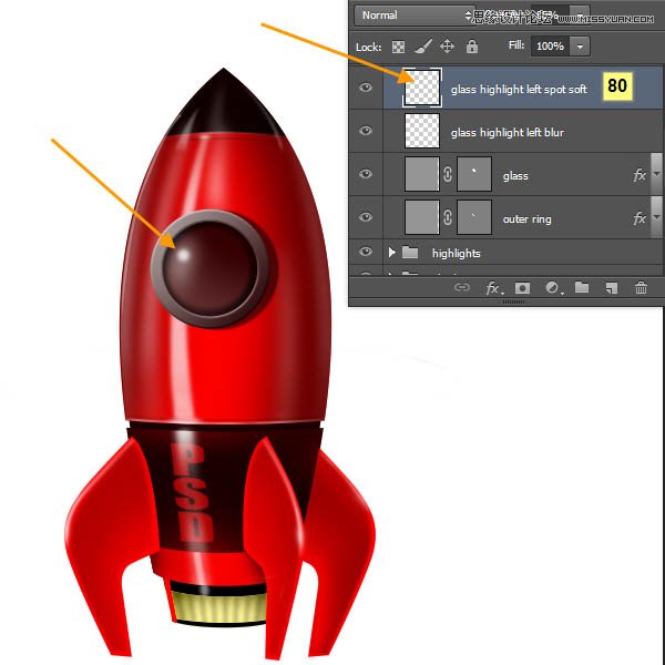 Photoshop绘制立体质感的卡通小火箭,PS教程,图老师教程网