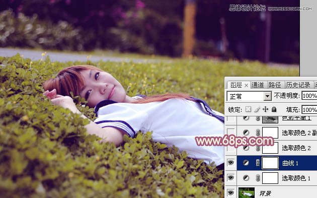 Photoshop调出躺在草地女孩梦幻紫色效果,PS教程,图老师教程网