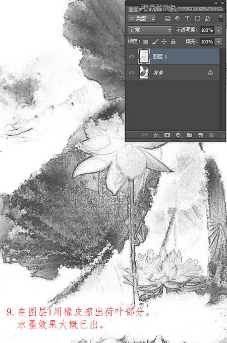 Photoshop巧用滤镜制作逼真的水墨荷花,PS教程,图老师教程网