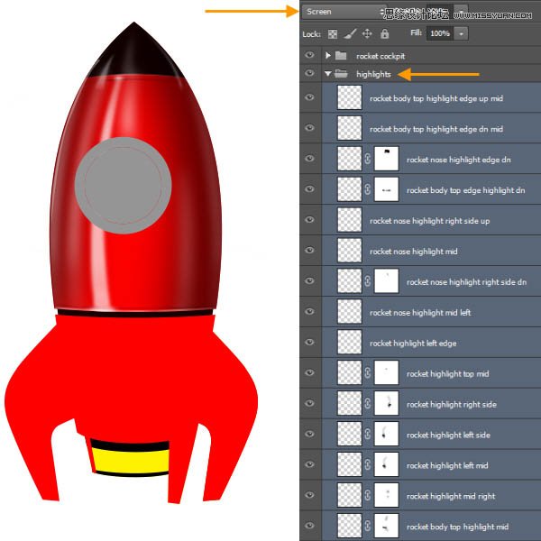 Photoshop绘制立体质感的卡通小火箭,PS教程,图老师教程网