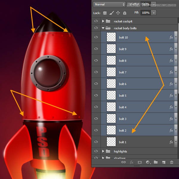 Photoshop绘制立体质感的卡通小火箭,PS教程,图老师教程网