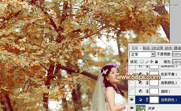 Photoshop调出树下婚片秋季金黄色调,PS教程,图老师教程网