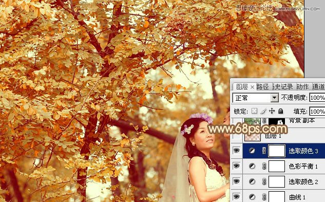 Photoshop调出树下婚片秋季金黄色调,PS教程,图老师教程网