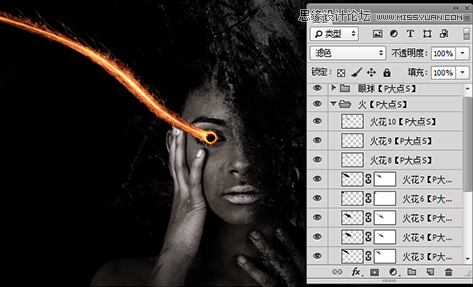 Photoshop合成创意的火焰光线眼球的少女,PS教程,图老师教程网