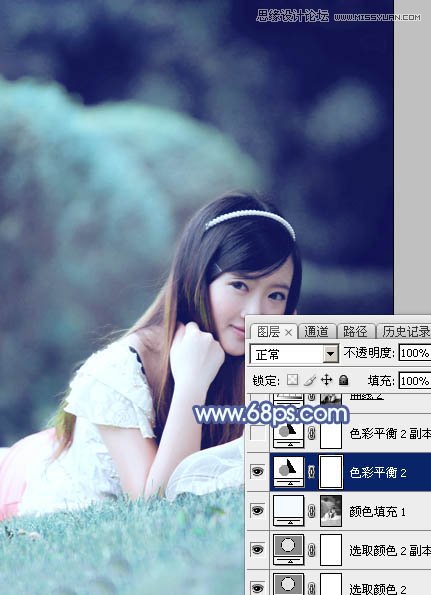 Photoshop调出草地美女梦幻蓝色效果,PS教程,图老师教程网