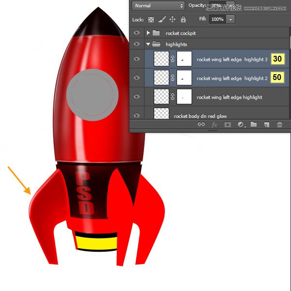 Photoshop绘制立体质感的卡通小火箭,PS教程,图老师教程网