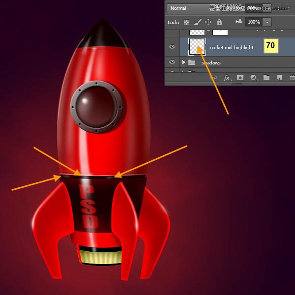 Photoshop绘制立体质感的卡通小火箭,PS教程,图老师教程网