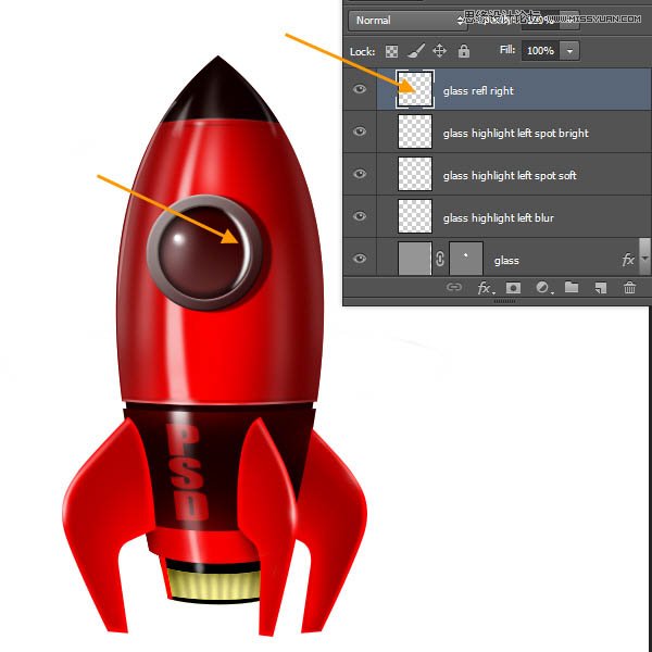 Photoshop绘制立体质感的卡通小火箭,PS教程,图老师教程网