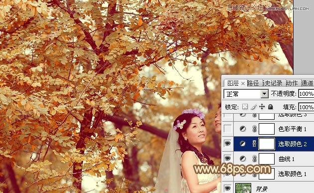 Photoshop调出树下婚片秋季金黄色调,PS教程,图老师教程网