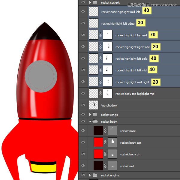 Photoshop绘制立体质感的卡通小火箭,PS教程,图老师教程网