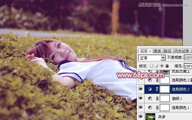 Photoshop调出躺在草地女孩梦幻紫色效果,PS教程,图老师教程网