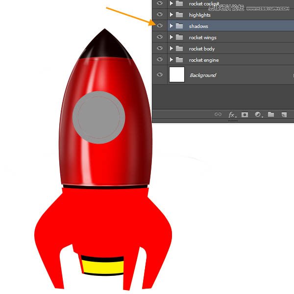 Photoshop绘制立体质感的卡通小火箭,PS教程,图老师教程网
