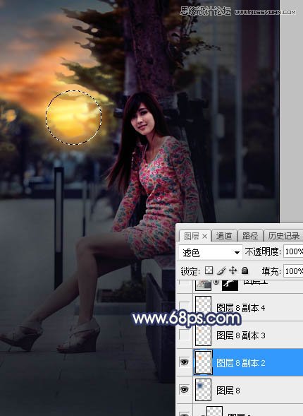 Photoshop给板凳美女人像添加夕阳美景效果,PS教程,素材中国网