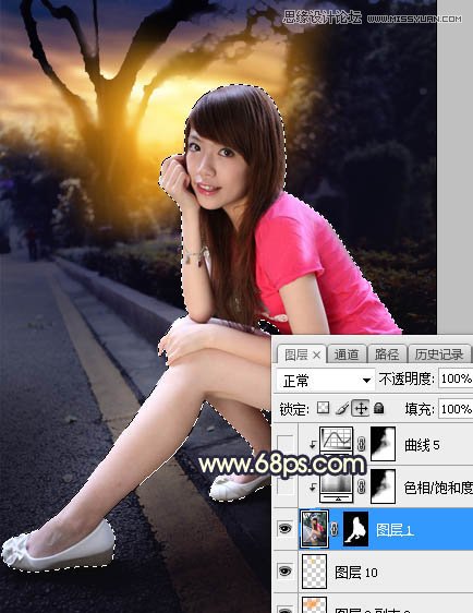 Photoshop给马路边上美女添加夕阳美景效果,PS教程,素材中国网