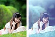 Photoshop打造甜美梦幻的青蓝色草地美女图片