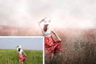 Photoshop给草原人物图片加上梦幻的粉色晨雾效果