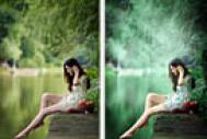 Photoshop打造梦幻的青绿色湖景美女图片