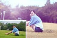 Photoshop给草地上的美女加上甜美的淡调蓝黄色