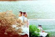 Photoshop打造漂亮的青黄色河景婚片