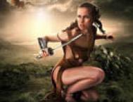 Photoshop合成草地上拿刀的美女战士