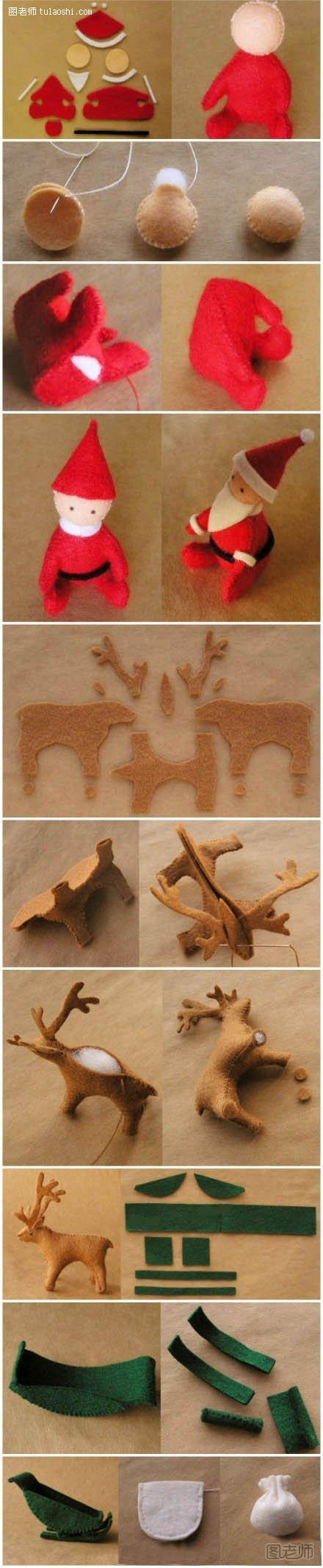 麋鹿、雪橇和圣诞老人的不织布diy图解