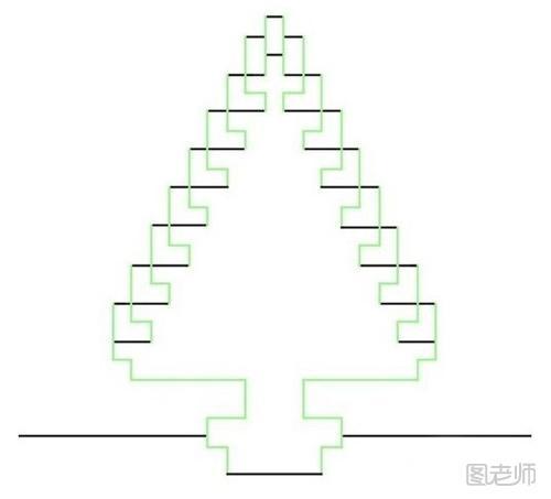 步骤1:准备圣诞贺卡在制作中需要使用到的模版。可以看到在这个模板中总共有两种颜色的线条，一种颜色是绿色的，而另外一种颜色是黑色的。绿色的线条主要的作用是用来刻裁使用，即在绿色的线条上面进行刻裁，从而保证绿色线条的部分都会被最终刻裁开；而黑色线条的部分则是进行折叠使用的，这和之前许多圣诞贺卡的制作都是类似的，所以如果你有过圣诞节圣诞贺卡的相关制作经验，相信这个制作不会难到你的。
