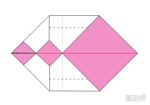 步骤13:将此时在中间对在一起的两个角分别向上下两个方向进行折叠，注意折痕所在的地方（图中虚线位置）