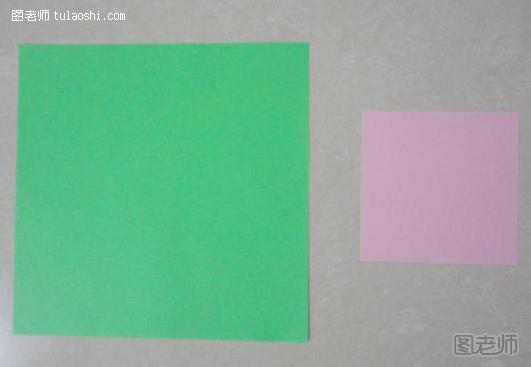 步骤1:准备两张不同大小的纸：绿色纸用来折叶子，粉色纸用来折花朵
