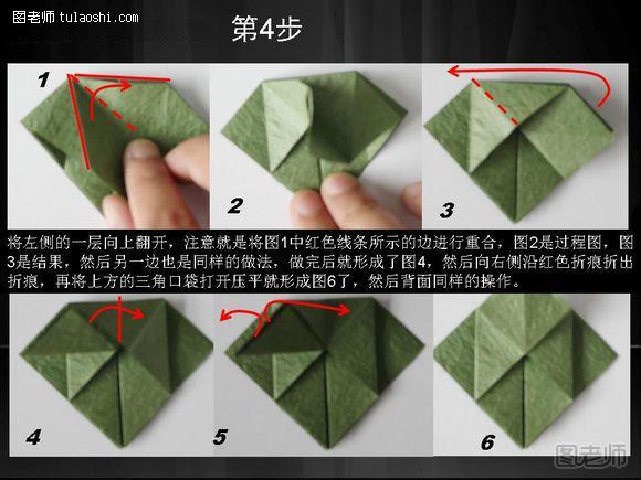 步骤4:将左侧的一层向上翻开，注意就是将图1中红色线条所示的边进行重合，图2是过程图，图3是结果，然后另一边也是同样的做法，做完后就形成了图4，然后向右侧沿红色折痕折出折痕，再将上方的三角口袋打开压平就形成图6，然后背面同样的操作