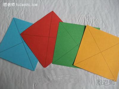 步骤2:将卡纸裁剪成10厘米的正方形，然后画出对角线