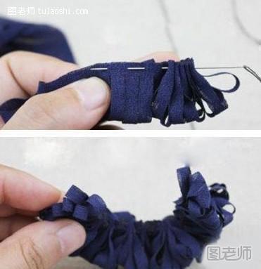 步骤2:把布条对折，用针线穿插过去再收紧，松紧程度要控制好哦！花形才能好看！
