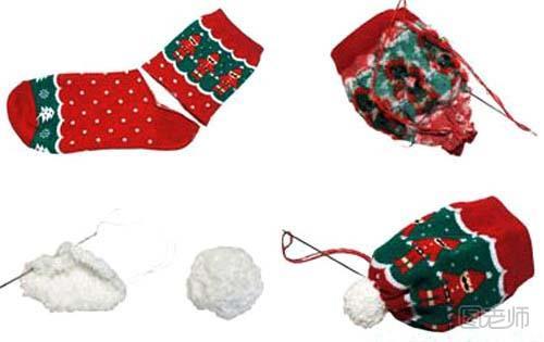 步骤4:取一只红色的袜子，同样把袜头剪下，与第一步剪下的袜子中间那截，一起缝制成雪人的一顶帽子。