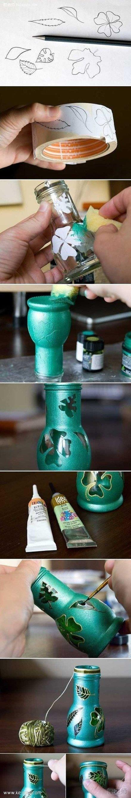 玻璃瓶废物利用制作漂亮的花瓶- www.kejidiy.com