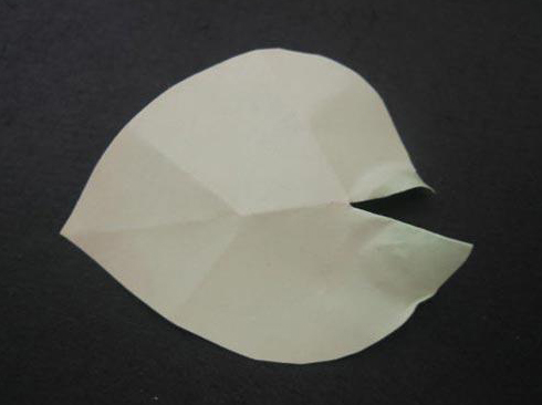 过程46:叶子的制造很简单，随意剪个叶形的绿色纸，在折出叶脉，就OK了~