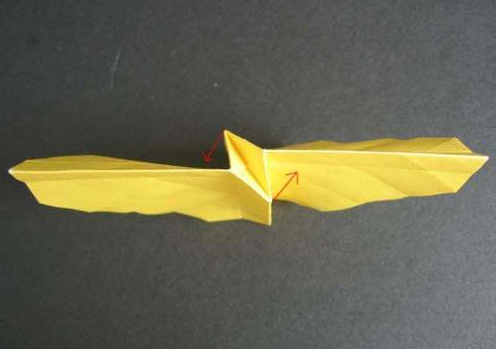 过程18:将折纸折成这样，上下的纸必须向相反的方向折去。