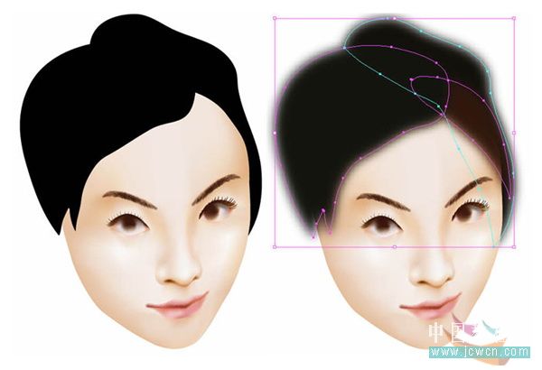 Illustrator鼠绘教程：运用渐变网格绘制人物和头发的过程_jcwcn.com
